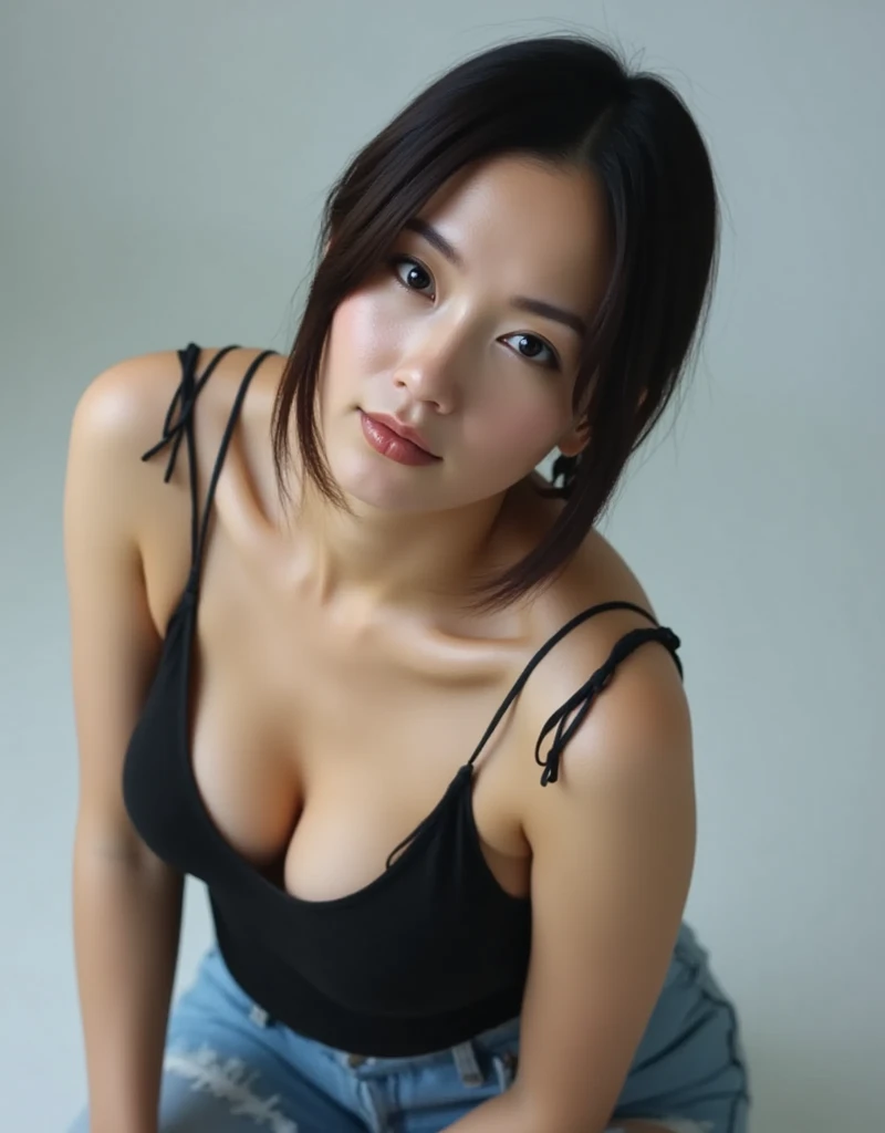 (Photo of a distorted close-up image of a beautiful Asian woman taken with a fisheye lens: 1.6), (Photographed with a fisheye lens: 1.8), (25 years old. Black bob hair, slim body with long limbs, wearing a black oversized tank top and jeans, (Tasteful, understated makeup: 1.6), (H-cup bust: 1.5), (Bold cleavage: 1.6), (Squatting and leaning forward, smiling and blowing kisses to the viewer close to the camera), (Woman distorted in the fisheye lens composition: 1.6)