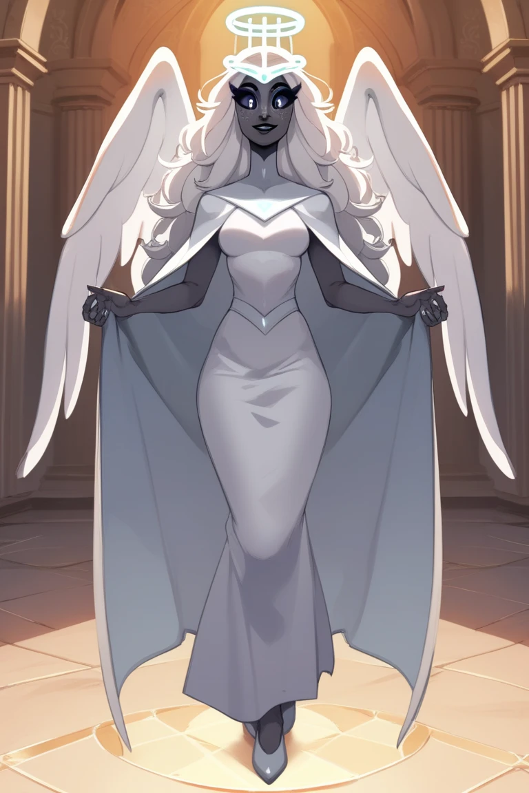 SeraHHXL, dark skin, colored skin, white nose, white freckles face, long eyelashes, makeup, black lips, grey sclera, colored sclera, black pupils, smile, white hair, long hair, halo, glowing halo, angel wings, breasts, (solo), standing, cape, cape covering full body, looking at viewer, indoors