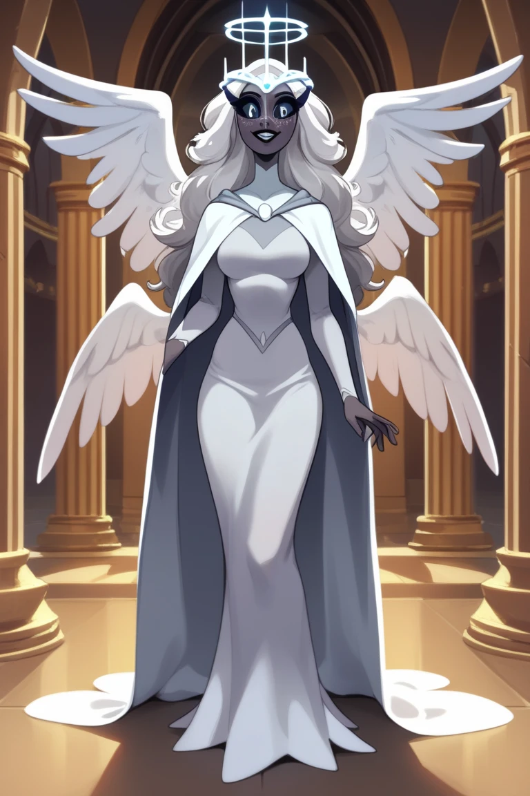 SeraHHXL, dark skin, colored skin, white nose, white freckles face, long eyelashes, makeup, black lips, grey sclera, colored sclera, black pupils, smile, white hair, long hair, halo, glowing halo, angel wings, breasts, (solo), standing, cape, cape covering full body, looking at viewer, indoors