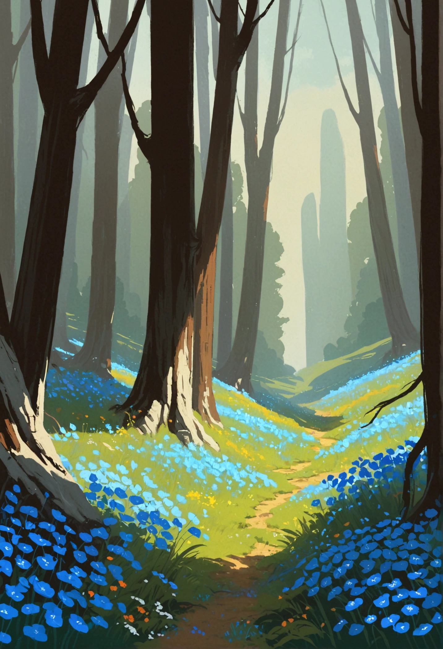 2D Art, hyper   Details gouache painting of a clearing in a dark forest, Anime Landscape,  Calm Atmosphere ,  tall slender tree 々,  blue leaves and wildflowers ,  high quality illustration, artstrationでtrend入り,  wide angle shot , Flat Paint,  illustration art, ILYA KUVSHINOV STYLE ,  mathematical art Ilya Kubushinov , highly   Details, uhd images, intricate details   Details scene background,   Details, 8k, trend,  Amazing Art ,  score_9,  score_8,  score_7,  to Will Burnett INSPIRED DIGITAL PAINTING, Magalli Villaneneu  , Tumbler,   digital art ,  hardcore sex ,   digital art 