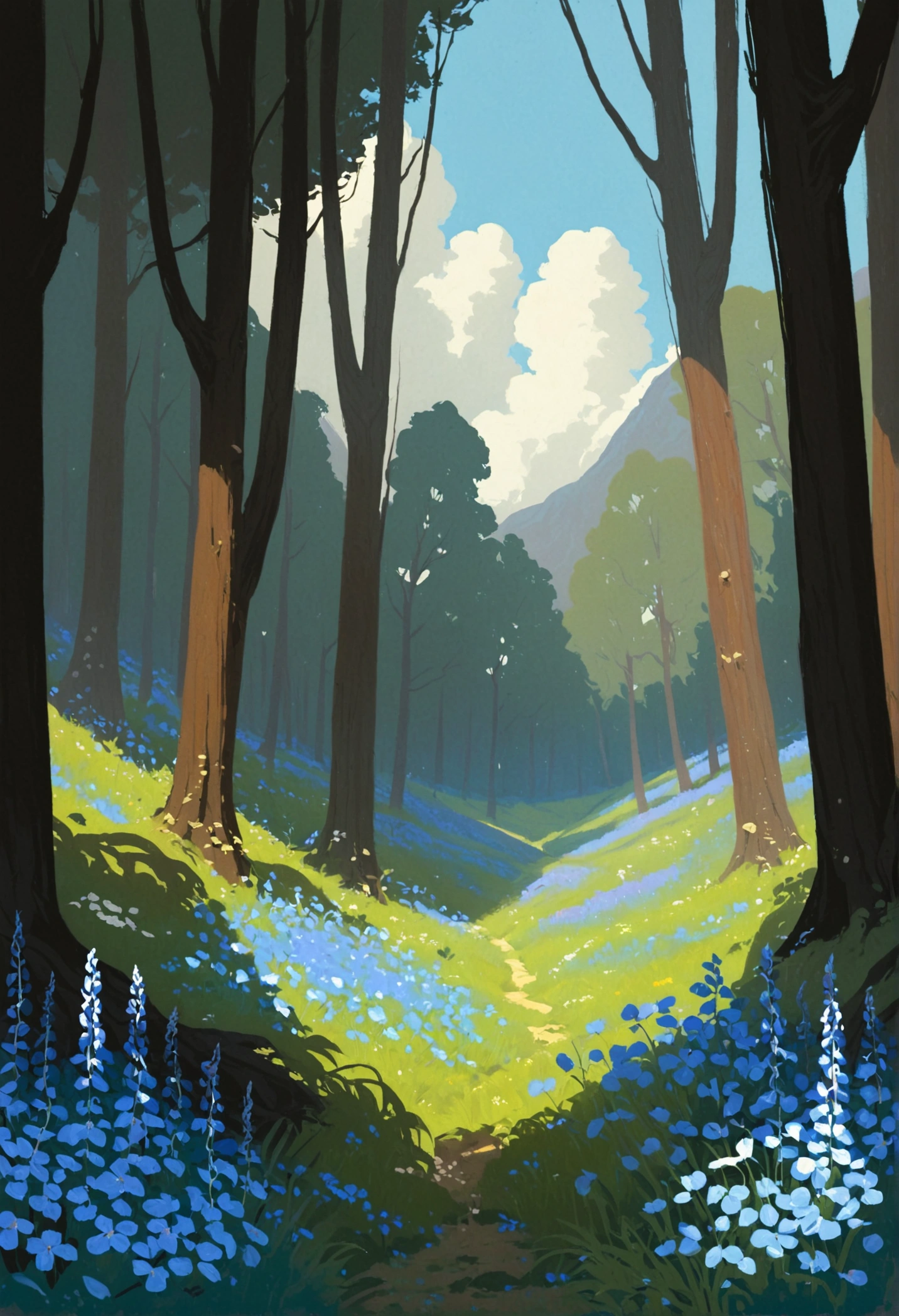 2D Art, hyper   Details gouache painting of a clearing in a dark forest, Anime Landscape,  Calm Atmosphere ,  tall slender tree 々,  blue leaves and wildflowers ,  high quality illustration, artstrationでtrend入り,  wide angle shot , Flat Paint,  illustration art, ILYA KUVSHINOV STYLE ,  mathematical art Ilya Kubushinov , highly   Details, uhd images, intricate details   Details scene background,   Details, 8k, trend,  Amazing Art ,  score_9,  score_8,  score_7,  to Will Burnett INSPIRED DIGITAL PAINTING, Magalli Villaneneu  , Tumbler,   digital art ,  hardcore sex ,   digital art 