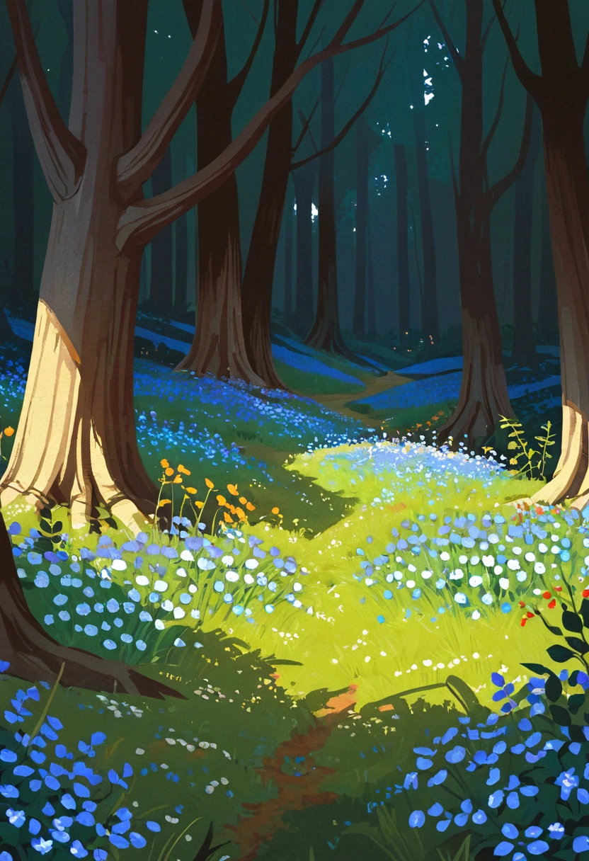 2D Art, hyper   Details gouache painting of a clearing in a dark forest, Anime Landscape,  Calm Atmosphere ,  tall slender tree 々,  blue leaves and wildflowers ,  high quality illustration, artstrationでtrend入り,  wide angle shot , Flat Paint,  illustration art, ILYA KUVSHINOV STYLE ,  mathematical art Ilya Kubushinov , highly   Details, uhd images, intricate details   Details scene background,   Details, 8k, trend,  Amazing Art ,  score_9,  score_8,  score_7,  to Will Burnett INSPIRED DIGITAL PAINTING, Magalli Villaneneu  , Tumbler,   digital art ,  hardcore sex ,   digital art 