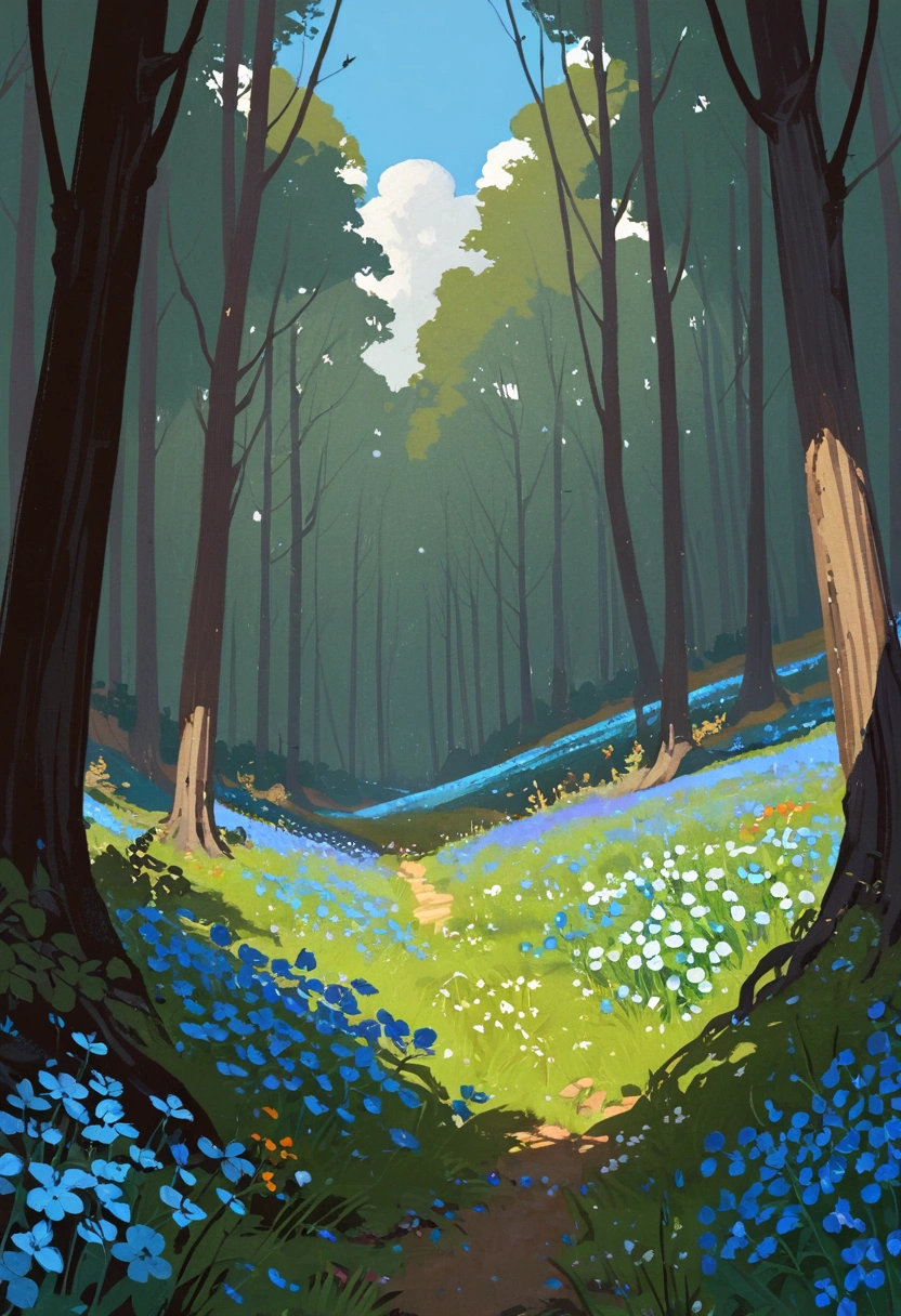 2D Art, hyper   Details gouache painting of a clearing in a dark forest, Anime Landscape,  Calm Atmosphere ,  tall slender tree 々,  blue leaves and wildflowers ,  high quality illustration, artstrationでtrend入り,  wide angle shot , Flat Paint,  illustration art, ILYA KUVSHINOV STYLE ,  mathematical art Ilya Kubushinov , highly   Details, uhd images, intricate details   Details scene background,   Details, 8k, trend,  Amazing Art ,  score_9,  score_8,  score_7,  to Will Burnett INSPIRED DIGITAL PAINTING, Magalli Villaneneu  , Tumbler,   digital art ,  hardcore sex ,   digital art 