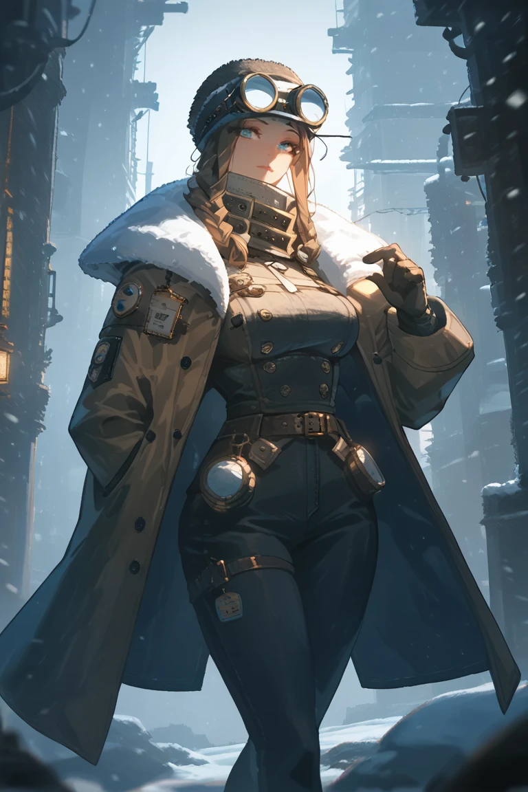 rating_questionable, 1girl, frost punk, snow, tall, Tall and lean, Woman, brass goggles, heavy coat, Steampunk, Brown Hair, frostpunkfaction, Small breasts, blue eyes, round goggles, popped collar, thick, curvy, big ass, thick thighs, stalwart, trench coat, snowstorm, whiteout snowstorm Victorian city, frost punk, Woman, brass goggles on head, Steampunk, Brown Hair, frostpunk, frostpunkfaction, giant breasts, boob belt, chest belt, whiteout snow, high collar, blue eyes, round goggles, long pants, thick, curvy, scarf, engineer, overalls, heavy coat, machinist, portable generator, tubes, many layers, pilgrim, stalwart, trench coat.