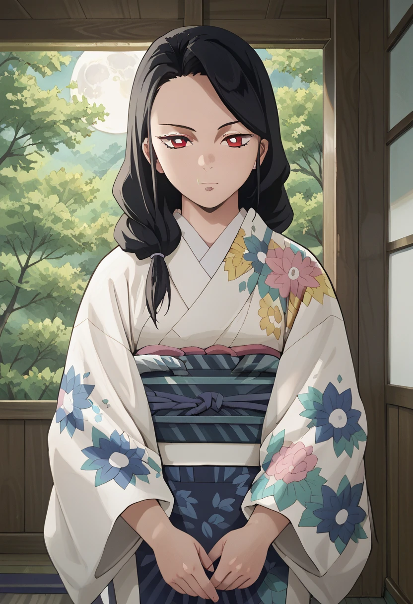 score_7_up, BREAK source_anime, RRukaV4XL, 1girl, solo, looking at viewer, closed mouth, japanese clothes, open kimono, undressing, shy face, bright pupils, floral print, open white kimono, hair over shoulder, cowboy shot, from below, japanese house, tatami, indoors, night, moon, sliding doors, 