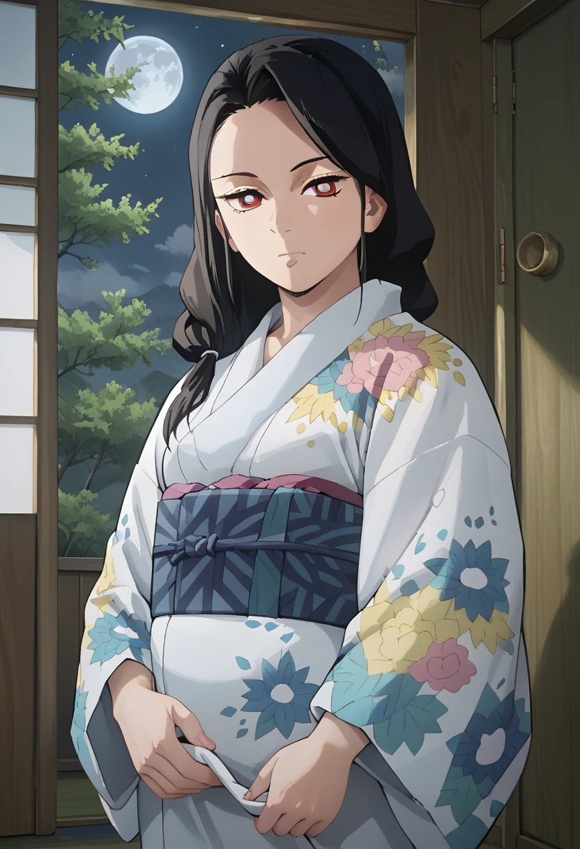 score_7_up, BREAK source_anime, RRukaV4XL, 1girl, solo, looking at viewer, closed mouth, japanese clothes, open kimono, undressing, shy face, bright pupils, floral print, open white kimono, hair over shoulder, cowboy shot, from below, japanese house, tatami, indoors, night, moon, sliding doors, 