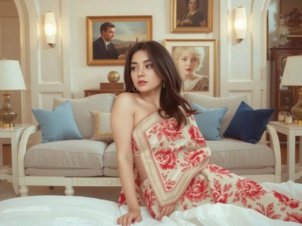 A fair Latina women with natural gigantic breast and large ass in her ross pattern saree with ross colour bra kneelin on her bed with long black hair, Cream colour scheme modern style living room with sofa with light blue and dark blue throw pillows, center table, side tables and a lamp.