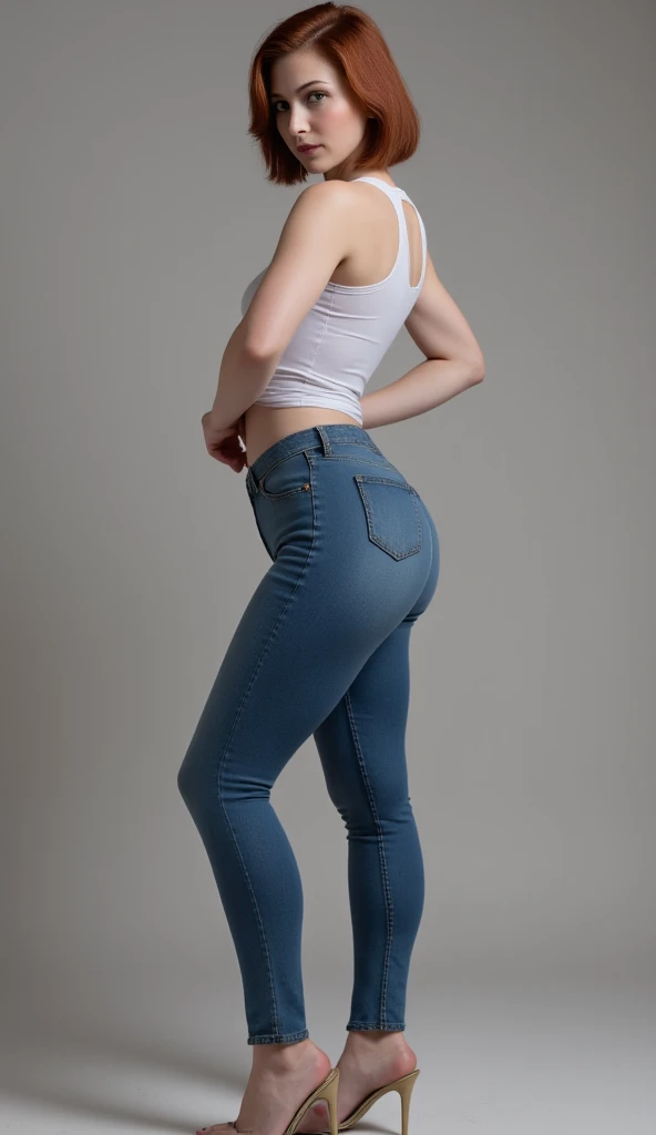 a woman in jeans and heels posing for a picture, dark red hair, green eyes,casual pose, model standing pose, full body portrait posing, full body profile pose, full body photoshoot, cinematic full body shot, full body action pose, 2  female model, full body model, photo of slim girl model, full body pictures, jeans and t shirt, standing pose, intricate details, textured skin, cheekbones, high resolution, 16K 