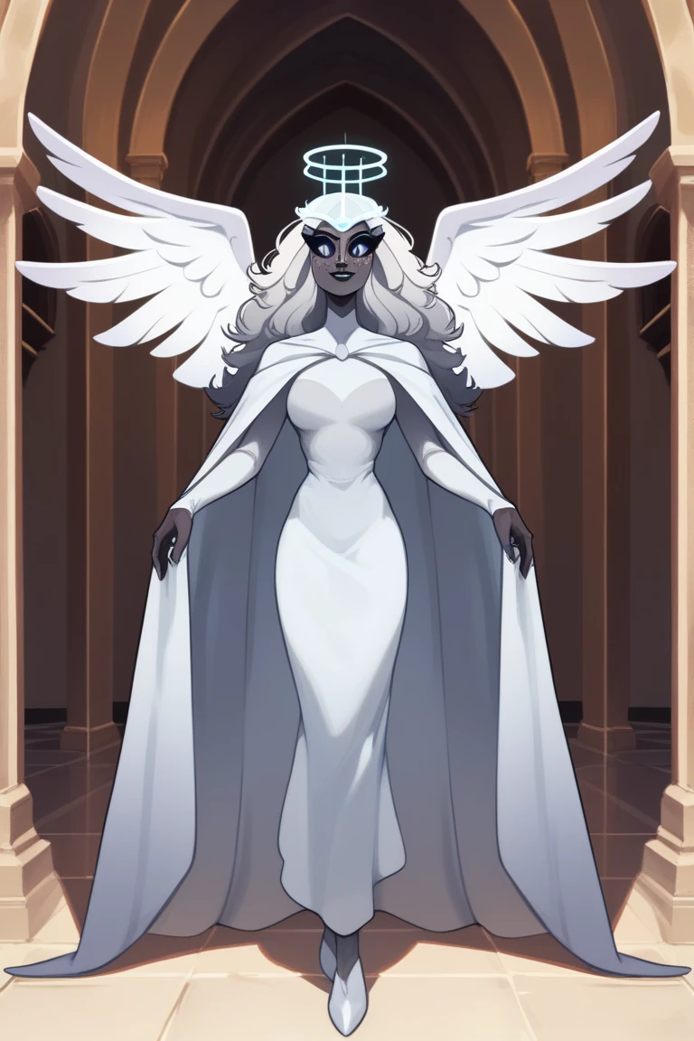 SeraHHXL, dark skin, colored skin, white nose, white freckles face, long eyelashes, makeup, black lips, grey sclera, colored sclera, black pupils, smile, white hair, long hair, halo, glowing halo, angel wings, breasts, (solo), standing, cape, cape covered full body, looking at viewer, indoors