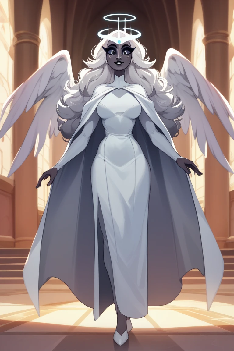 SeraHHXL, dark skin, colored skin, white nose, white freckles face, long eyelashes, makeup, black lips, grey sclera, colored sclera, black pupils, smile, white hair, long hair, halo, glowing halo, angel wings, breasts, (solo), standing, cape, cape covered full body, looking at viewer, indoors