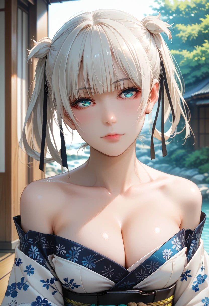 Score_9, score_8_up, score_7_up, score_6_up, source_anime, rating:general, 1girl, kirari momobami, white hair,, upper body, sultry look, head tilt, blush, pale skin, strapless kimono, sexy woman, sexy, blue eyes, colored contacts, doll face, medium sized breasts, cleavage, exposed shoulders, traditional Japanese garden , solo