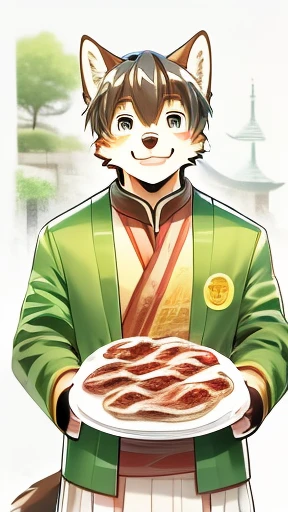 comics、whole body、Wolf Boy、Alone、China、 green jacket、Delicious meat dishes、happy、happiness、