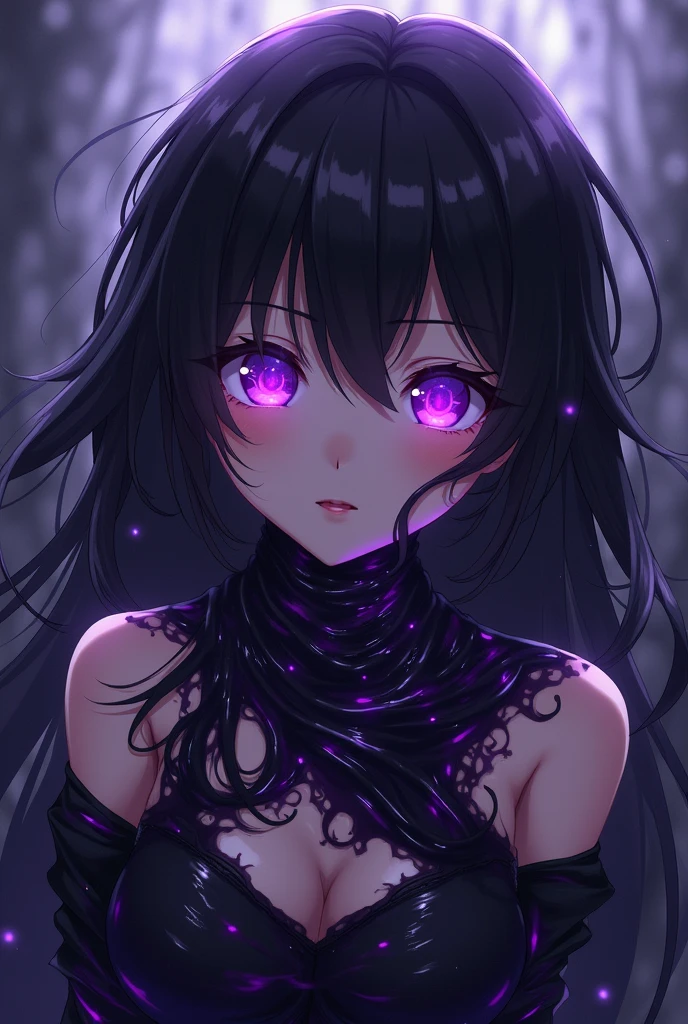 (ultra-detailed), (masterpiece), (best quality), (sharp focus), (cinematic lighting), (vibrant colors), cr33pyan1m3styl3, creepy, eyes, horror (theme), 1girl, glowing purple eyes, staring at viewer, crazy smile, black choker, plaster on face, unkempt hair
