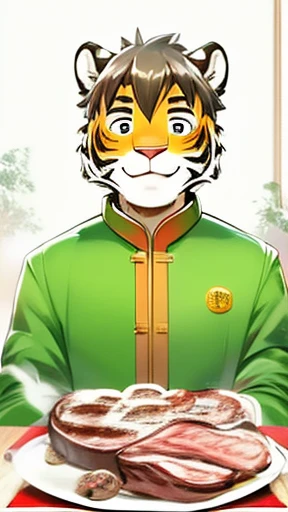 comics、whole body、Tiger Boy、Alone、China、 green jacket、Delicious meat dishes、happy、happiness、