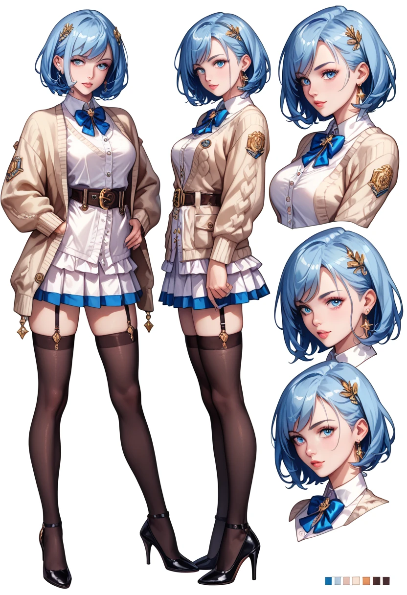 ((masterpiece,  the highest quality)),  detailed face,  character design ,  full body,  1girl,  light blue eyes ,  long blond hair ,  short hair, (( long straight hair )), (  tight military white dress, Mini-skirt, lots of belts, cardigan,  black stockings,  ulybka, gold and sapphire theme ,  pale skin,  full of details  ,  Multiple poses and expressions ,  very detailed , depth, many parts