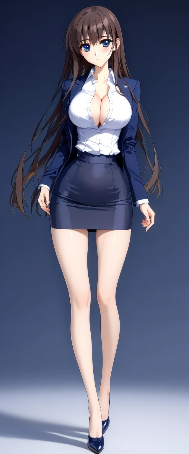 Megumi Kato,  1 girl , Alone, bangs,  brown hair, (((Female lawyer, ( formal suit micro mini skirt that shows only a little bit of crotch,  High Waist Micro Mini Pencil Skirt ),  white shirt,   Navy Blue Jacket,Big Breasts、 cleavage、Thin legs)))、 perfect body,  Anime Virtual YouTuber Full Body Model , ((Full body of a single character,  standing in a splendid posture , short!,  full body shot超詳細))、 skinny, Alone, 1 female,   Masterpiece ,   best quality ,   best quality , 16k,  Incredibly Ridiculous,  high definition, 2.5D, AI-generated, Delicate and dynamic,  Very delicate facial expression,  delicate eye depiction,  Erotic , only  sexy woman, ((A cute and kind face)),((((Beautifully detailed eyes、 beautiful detailed eyes from outside the train))))、 Healthy body shape, ((25-year-old woman)), Height: 170cm,  Moderately Firm Swaying Bust , sexy, (( Thin Thighs )),,  shiny, 視聴者にfrontを向いている, smile, ((Oily_skin)), (((( full body shot、 straight hair)))),  Erotic  pose,  fashion model posing with faded gray hair,   fashion model style DJ, (((micro mini length pencilskirt、front、You can fully see your thighs 、Very thin thighs、Long beautiful legs、痩せていてBig Breasts、 navy blue flawless micro mini pencil skirt)))、whole body、entire body、full body、total body、((((CowboysHot、downwards、from front、Simple Background))))、 pornstars