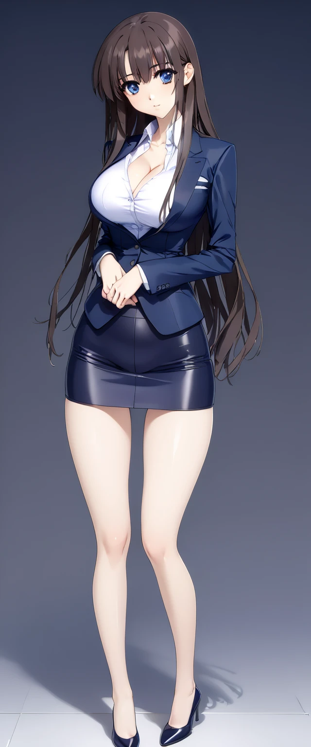 Megumi Kato,  1 girl , Alone, bangs,  brown hair, (((Female lawyer, ( formal suit micro mini skirt that shows only a little bit of crotch,  High Waist Micro Mini Pencil Skirt ),  white shirt,   Navy Blue Jacket,Big Breasts、 cleavage、Thin legs)))、 perfect body,  Anime Virtual YouTuber Full Body Model , ((Full body of a single character,  standing in a splendid posture , short!,  full body shot超詳細))、 skinny, Alone, 1 female,   Masterpiece ,   best quality ,   best quality , 16k,  Incredibly Ridiculous,  high definition, 2.5D, AI-generated, Delicate and dynamic,  Very delicate facial expression,  delicate eye depiction,  Erotic , only  sexy woman, ((A cute and kind face)),((((Beautifully detailed eyes、 beautiful detailed eyes from outside the train))))、 Healthy body shape, ((25-year-old woman)), Height: 170cm,  Moderately Firm Swaying Bust , sexy, (( Thin Thighs )),,  shiny, 視聴者にfrontを向いている, smile, ((Oily_skin)), (((( full body shot、 straight hair)))),  Erotic  pose,  fashion model posing with faded gray hair,   fashion model style DJ, (((micro mini length pencilskirt、front、You can fully see your thighs 、Very thin thighs、Long beautiful legs、痩せていてBig Breasts、 navy blue flawless micro mini pencil skirt)))、whole body、entire body、full body、total body、((((CowboysHot、downwards、from front、Simple Background))))、 pornstars