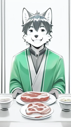 Monochrome Comics、whole body、Wolf Boy、Alone、China、 green jacket、Delicious meat dishes、happy、happiness、