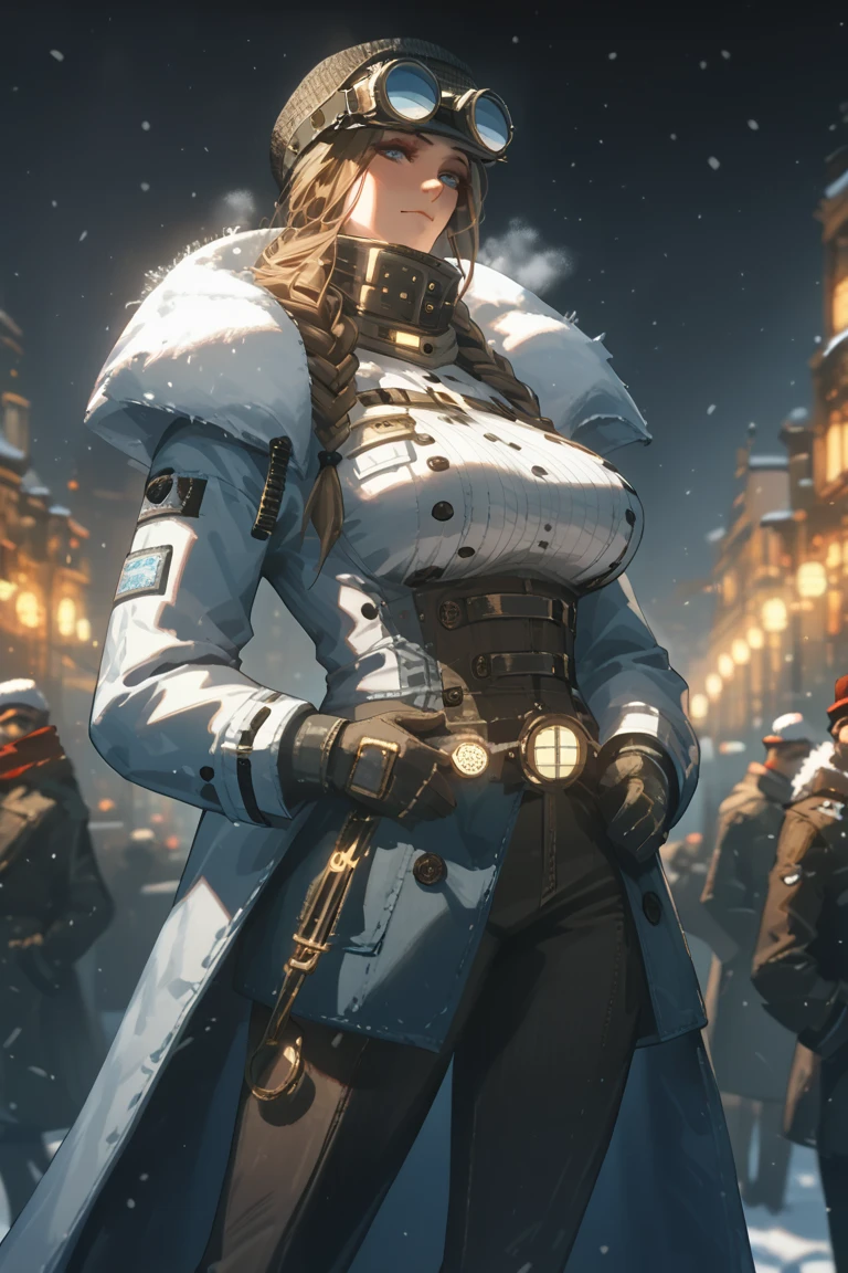 rating_questionable, 1girl, frost punk, snow, tall, Tall and lean, Woman, brass goggles, heavy coat, Steampunk, Brown Hair, frostpunkfaction, Small breasts, blue eyes, round goggles, popped collar, thick, curvy, big ass, thick thighs, stalwart, trench coat, snowstorm, whiteout snowstorm Victorian city, frost punk, Woman, brass goggles on head, Steampunk, Brown Hair, frostpunk, frostpunkfaction, giant breasts, boob belt, chest belt, whiteout snow, high collar, blue eyes, round goggles, long pants, thick, curvy, scarf, engineer, overalls, heavy coat, machinist, portable generator, tubes, many layers, pilgrim, stalwart, trench coat