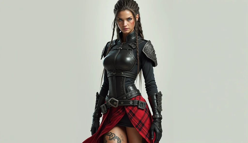 Best quality, masterpiece, 1 girl, whole body, very strict and beautiful girl, 8k wallpaper, beautiful detailed eyes, long black hair. tattoo on tele, gothic design, Close-up of a woman in a leather suit holding a sword, Cinematic shot of the goddess's body, seductive cyberpunk, dark fantasy, beautiful Female killer, fantasy leather clothing, cinematic goddess of the shot, Female killer, wearing assassin's leather armor, in leather armor, cyberpunk evil gorgeous goddess, Yennefer of Vengerberg, female vampire warrior, eve ventrue, female main character,