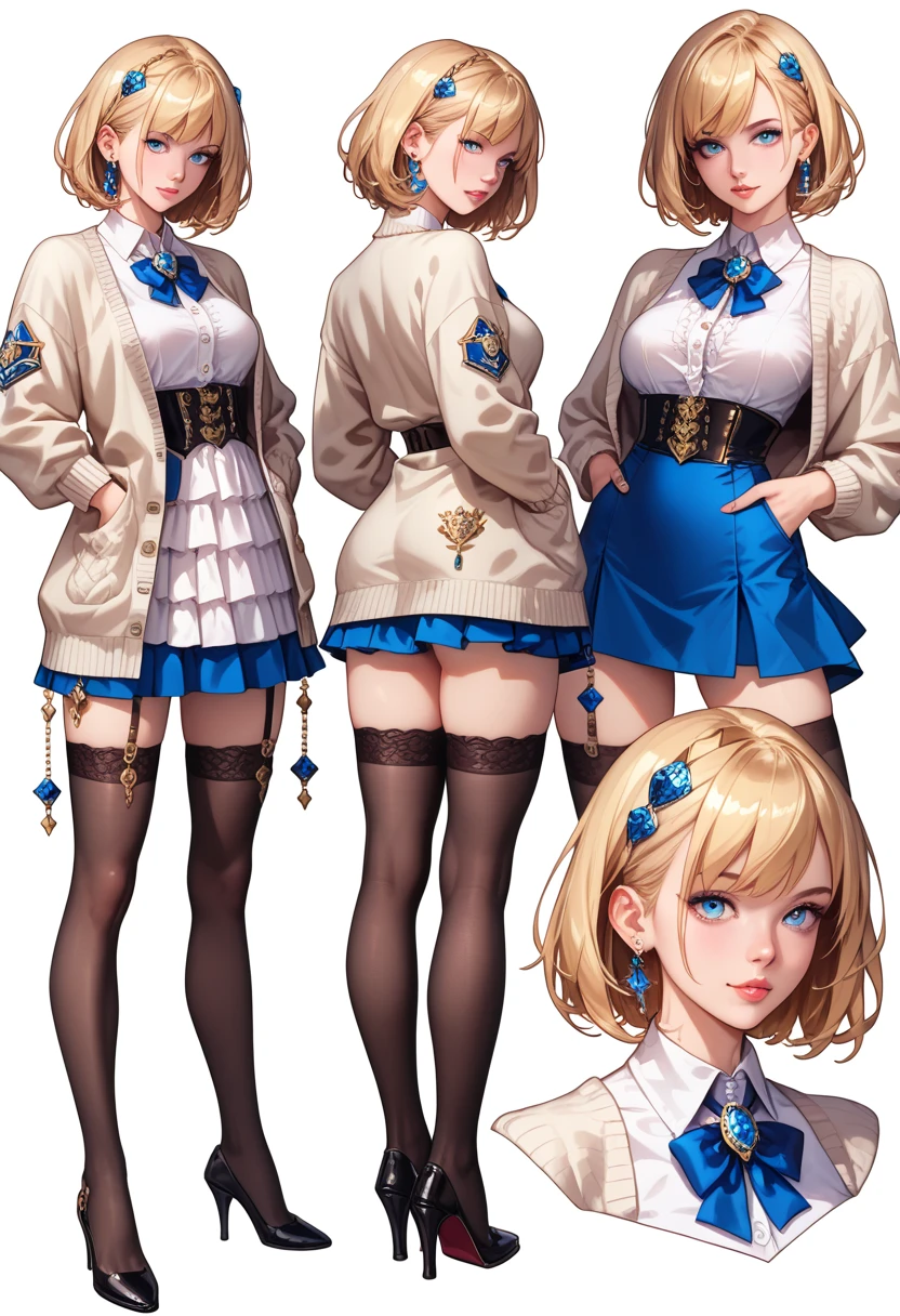 ((masterpiece,  the highest quality)),  detailed face,  character design ,  full body,  1girl,  light blue eyes ,  long blond hair ,  blonde ,  short hair, (( long straight hair )), (  tight military white dress, Mini-skirt, lots of belts, cardigan,  black stockings,  ulybka, gold and sapphire theme ,  pale skin,  full of details  ,  Multiple poses and expressions ,  very detailed , depth, many parts