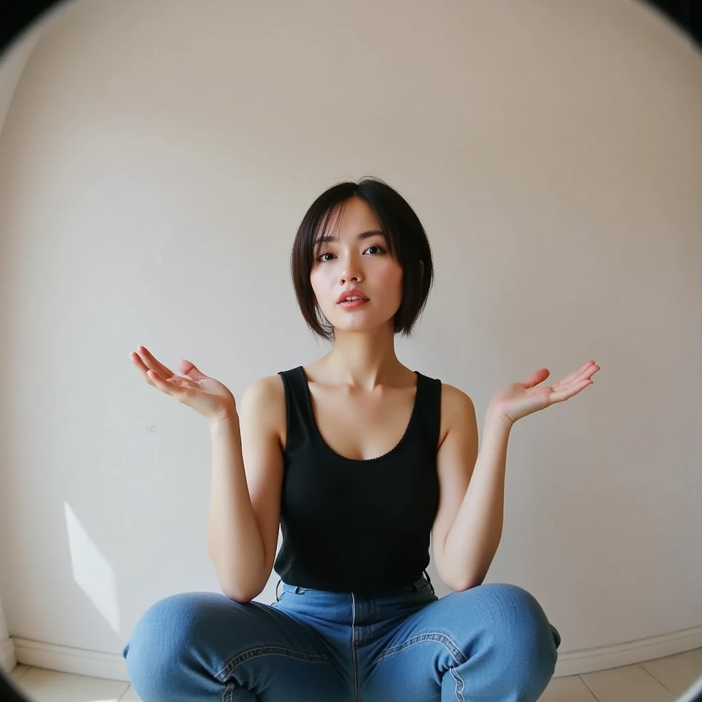 (Photo of a distorted close-up image of a beautiful Asian woman taken with a fisheye lens: 1.6), (Photographed with a fisheye lens: 1.8), (25 years old. Black bob hair, slim body with long limbs, wearing a black oversized tank top and jeans, (Tasteful, understated makeup: 1.6), (H-cup bust: 1.5), (Bold cleavage: 1.6), (Squatting and leaning forward, smiling and blowing kisses to the viewer close to the camera), (Woman distorted in the fisheye lens composition: 1.6)