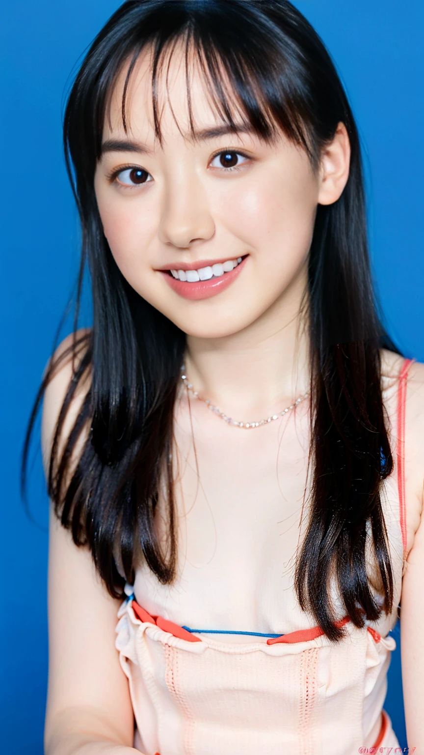 upper body, big eyes, flat chest, (arms behind back:1.1), make up, sport-bra, , smile, long hair