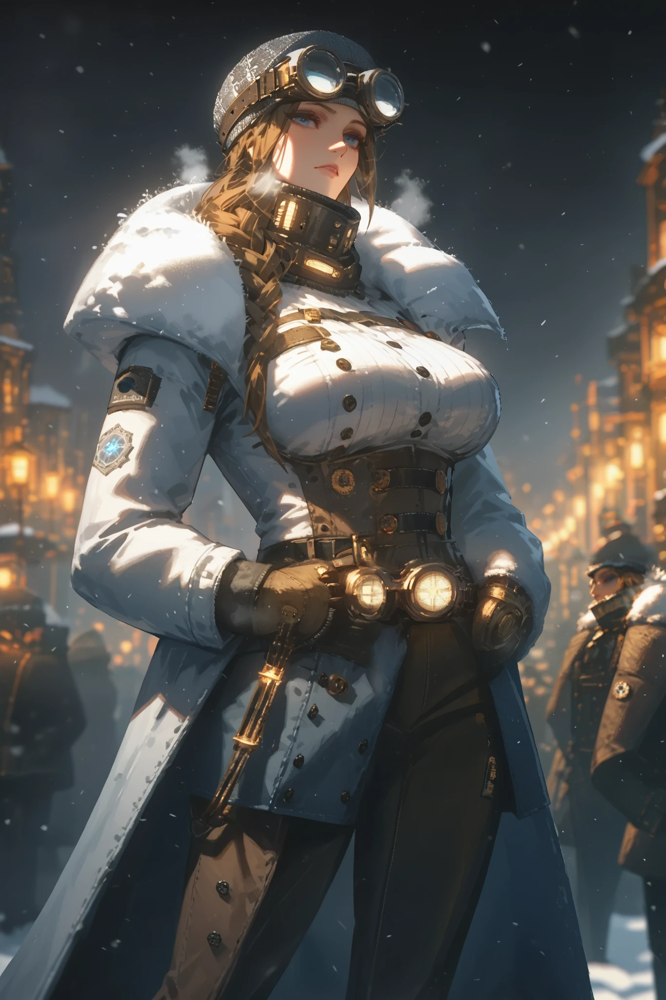 rating_questionable, 1girl, frost punk, snow, tall, Tall and lean, Woman, brass goggles, heavy coat, Steampunk, Brown Hair, frostpunkfaction, Small breasts, blue eyes, round goggles, popped collar, thick, curvy, big ass, thick thighs, stalwart, snowstorm, whiteout snowstorm Victorian city, frost punk, Woman, brass goggles on head, Steampunk, Brown Hair, frostpunk, frostpunkfaction, giant breasts, boob belt, chest belt, whiteout snow, high collar, blue eyes, round goggles, long pants, thick, curvy, scarf, engineer, overalls, heavy coat, machinist, portable generator, tubes, many layers, pilgrim, stalwart.