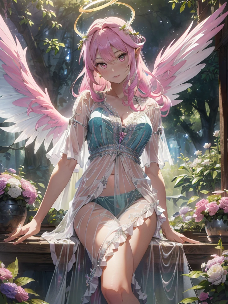 (photorealistic:1.8, highest quality:1.8,8K masterpiece:1.8,High resolution,muste piece:1.8),fantasy world,Fairy 15cm tall,(Transparent wings on the back that glow beautifully、floating in the air、tight mini dress、Transparent Shawl、delicate hair ornament、Elegant earrings、choker),blue eyes,detailed eyes:1.7,double eyelid:1.6,detailed eyes:1.8,beautiful skin:1.8, (looking at the camera:1.2),(View from the front:1.3),( Medium Hair:1.2,beautiful shining pink hair:1.5), expression(Impish Smile:1.3,face turns red:1.3),(Moderate chest:1.3),Pause(Seductive pose:1.5),background(spring scenery,Psychedelic fairy forest with blooming flowers),(detailed perfect face),anatomically correct,normal hands:1.5,normal finger:1:5,normal feet:1.5,(cameltoe),deformation、deformationなし、No arm loss、No extra arms、No mutated hands、No extra legs、no bad moves,No hand deformity、No missing limbs、No floating limbs、No limb amputation、No extra fingers、no bad fingers、liquid fingerless、bad fingerless、No missing fingers、No extra fingers、less fingers