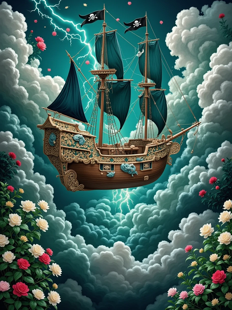 1girl, super detailed surrealistic scene of a majestic pirate ship floating in mid-air amidst swirling, dark storm clouds. The ship is grand, with intricately carved wooden designs along the hull, adorned with ghostly motifs and sea creature sculptures that seem almost alive. The sails are large, tattered, and deep teal, filled with an unnatural wind that propels the vessel forward. Black flags with pirate insignia flutter from the tall masts, giving a foreboding presence. The deck is illuminated by the eerie glow of lanterns casting dim, golden light that contrasts starkly against the cold blue-green hue of the surrounding storm. The clouds are dense, rolling, and full of electric energy, with bolts of lightning illuminating patches of the dark sky and a single ray of mystical light breaking through the gloom, spotlighting the ship. The background evokes a sense of wonder and peril, blending realism with fantasy. Artistic style is hyper-realistic with a touch of dark fantasy and magical elements