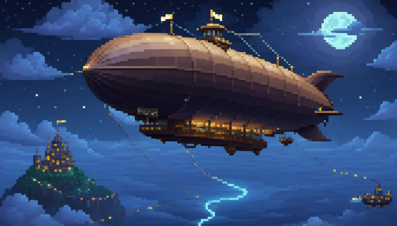 pixel art, 1 a dirigible airship fantasy, night, clouds, stars, surround sky, isometric