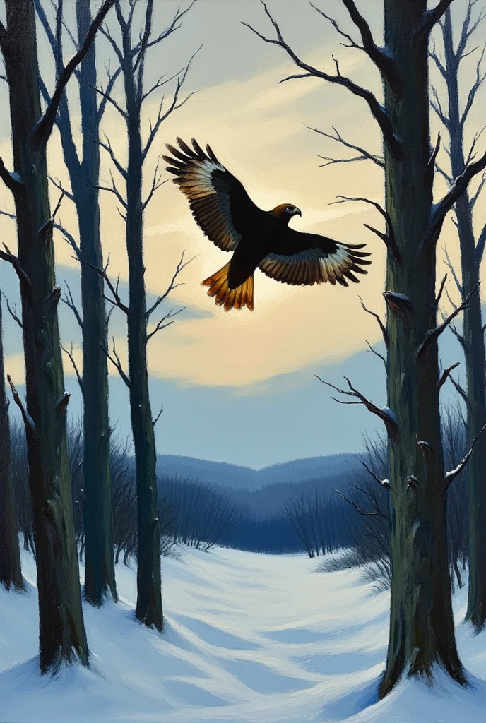 A silhouette of a mother Goshawk gliding through the air in a barren winter forest. Cold colour palette, Edward Hopper oil on canvas, 