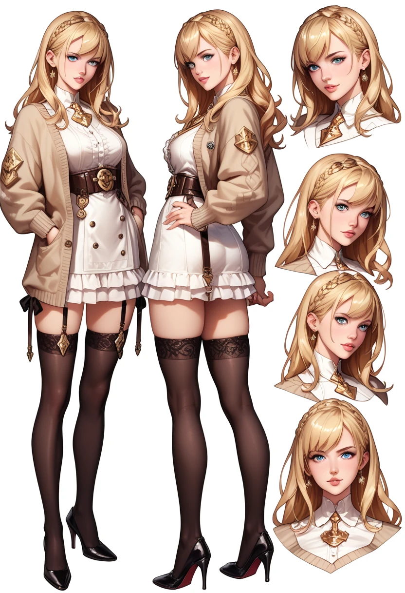 ((masterpiece,  the highest quality)),  detailed face,  character design ,  full body,  1girl,  light blue eyes ,  long blond hair ,  blonde , (( long straight hair )), (  tight military white dress, Mini-skirt, lots of belts, cardigan,  black stockings,  ulybka, gold theme ,  sun emblem,  pale skin ,  full of details  ,  Multiple poses and expressions ,  very detailed , depth, many parts