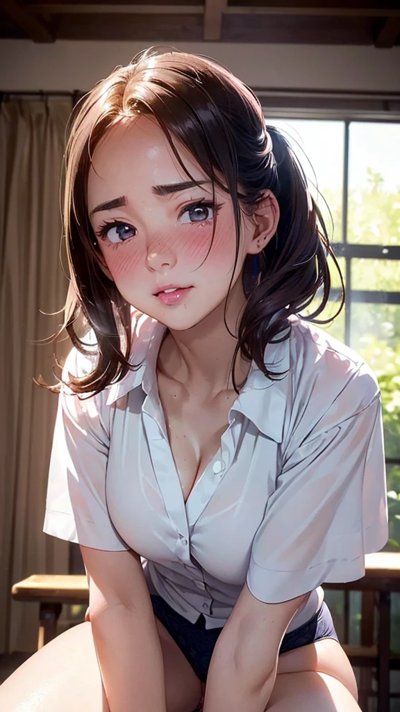 Ponytail hair color々 Wipe sweat with a towel Light underwear and white shirt Cute Female Worker low angles