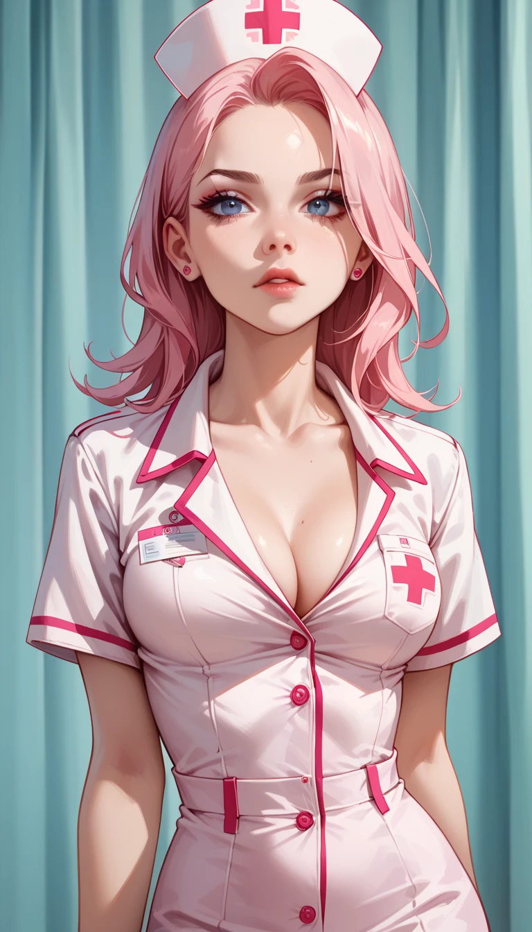 A nurse wearing a pink nurse uniform, a small and tight-fitting nurse uniform, ((turning around: 1.3)), a seductive expression, (staring at the viewer: 1.2),