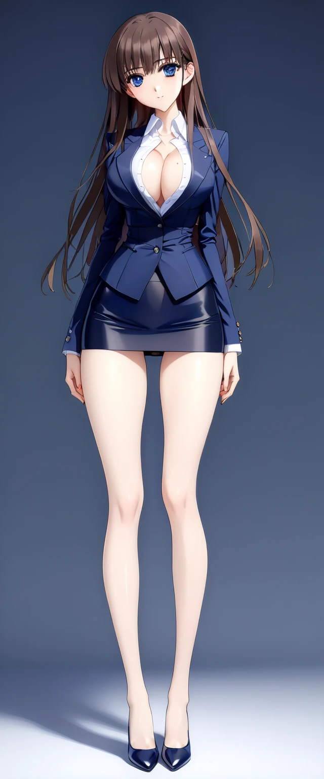 Megumi Kato,  1 girl , Alone, bangs,  brown hair, (((Female lawyer, ( formal suit micro mini skirt that shows only a little bit of crotch,  High Waist Micro Mini Pencil Skirt ),  white shirt,   Navy Blue Jacket,Big Breasts、 cleavage、Thin legs)))、 perfect body,  Anime Virtual YouTuber Full Body Model , ((Full body of a single character,  standing in a splendid posture , short!,  full body shot超詳細))、 skinny, Alone, 1 female,   Masterpiece ,   best quality ,   best quality , 16k,  Incredibly Ridiculous,  high definition, 2.5D, AI-generated, Delicate and dynamic,  Very delicate facial expression,  delicate eye depiction,  Erotic , only  sexy woman, ((A cute and kind face)),((((Beautifully detailed eyes、 beautiful detailed eyes from outside the train))))、 Healthy body shape, ((25-year-old woman)), Height: 170cm,  Moderately Firm Swaying Bust , sexy, (( Thin Thighs )),,  shiny, 視聴者にfrontを向いている, smile, ((Oily_skin)), (((( full body shot、 straight hair)))),  Erotic  pose,  fashion model posing with faded gray hair,   fashion model style DJ, (((micro mini length pencilskirt、front、You can fully see your thighs 、Very thin thighs、Long beautiful legs、痩せていてBig Breasts、 navy blue flawless micro mini pencil skirt)))、whole body、entire body、full body、total body、((((CowboysHot、downwards、from front、Simple Background))))、Panties are slightly visible