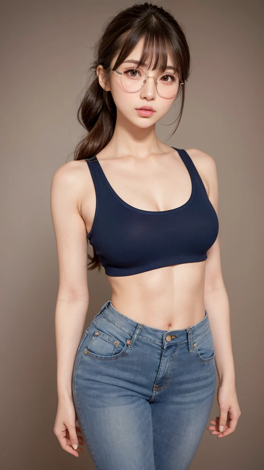 （lifelike， high - resolution：1.3）， 1 girl with a perfect body， Super fine face and eyes，slong hair， Tank top of random colors：1.2， short jeans， big boob，Expose cleavage