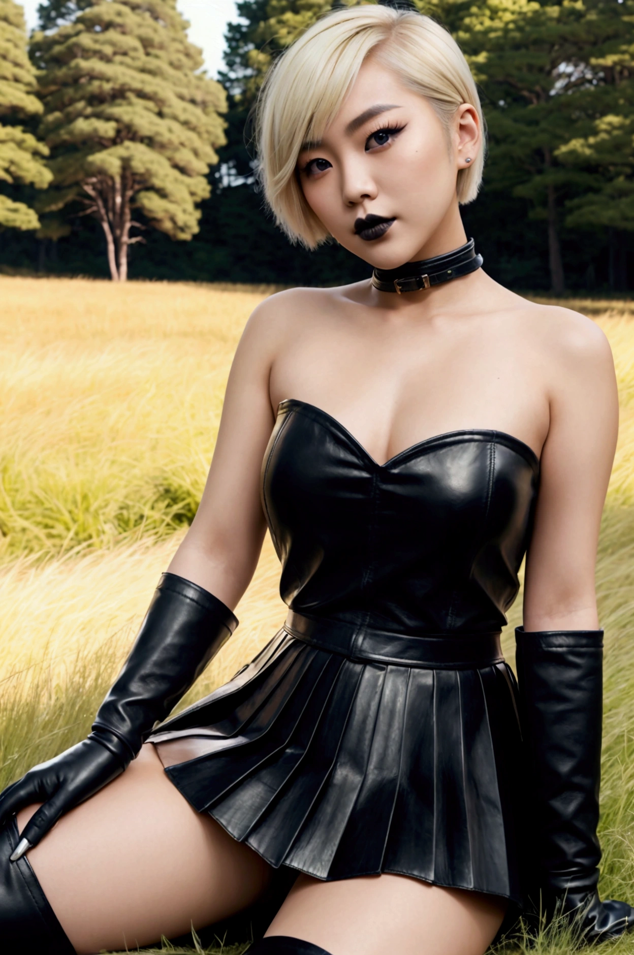  masterpiece,  very detailed ,  Japanese girl , Leather pleated skirt, short blonde hair,,  leather top short ,  leather knee high boots, Leads the armrest, stands on a meadow, black makeup  , Belly to see ,  shoulder to see , 8 K , Hohe Details
