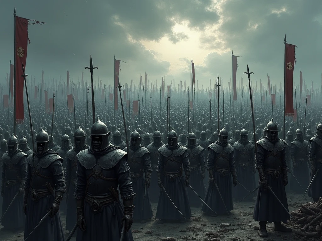 arafada image of a large group of men in armor, still of the lord of the rings, black spherical helmets, style frame, rows of sharp teeth, scotland, pitch black sky, below is the crowd, by John Laviers Wheatley, metallic shield, half cinematic shot, from left, Nordic Celtic Frankish