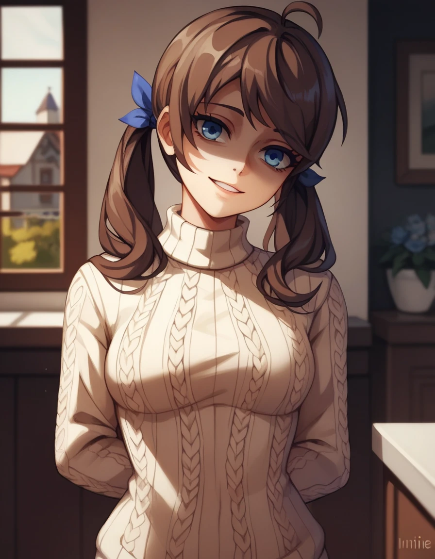 masterpiece,best quality,high resolution,1girl,solo,((yandere)),((cream sweater)),(twintails),(dark brown hair),(light blue eyes),((adult)),(diminutive:1.3),((ftont-view)),((standing)),((arms behind back)),BREAK,(shaded face),(empty eyes),(head tilt:1.2),inside,house,evening