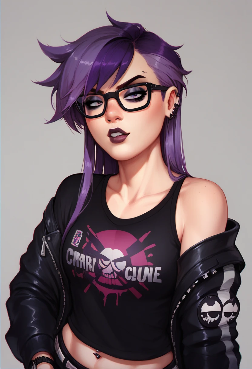 Emo, black square glasses, nerdy look, long purple hair, black clothes long straight hair to hip