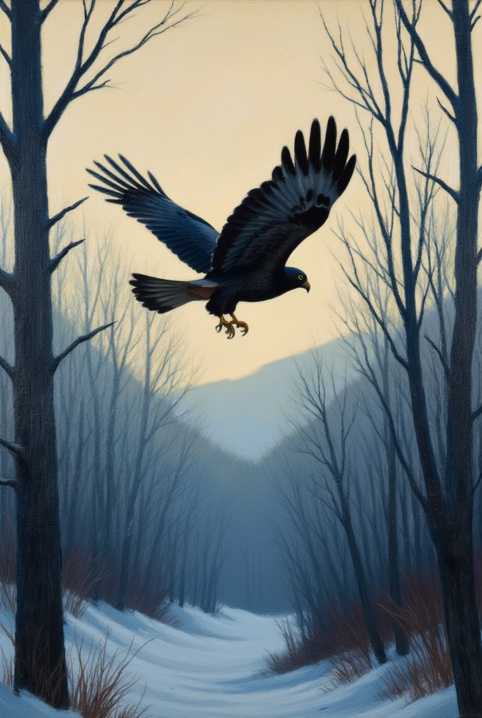 Silhouette of a mother Goshawk gliding through the air, silhouetted against a barren winter forest. Cold palette, Edward Hopper oil on canvas, 