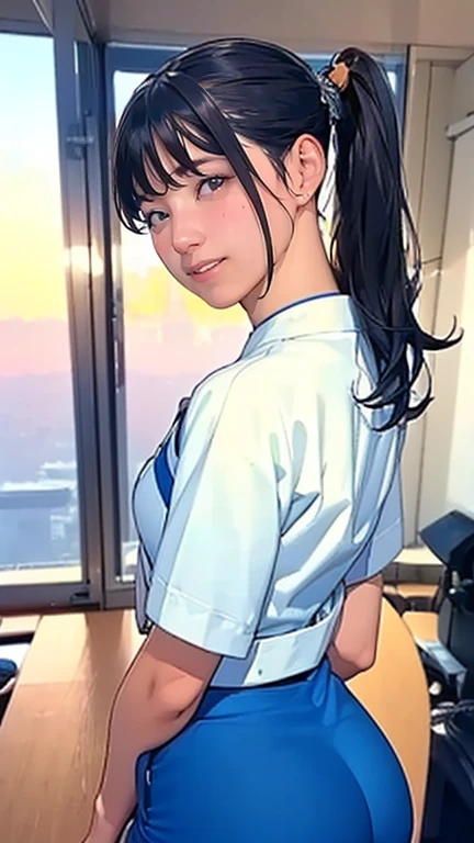 (   best quality, 8k, 32K,       Masterpiece   ,    Ultra High Definition :1.2),   One prankster ,    Cute Japanese   ,   Waistline,  light blue sailor suit,   The Office Lady overlaps with the sunset ,  Mini Skirt,     office room, I put my ass out,  Thick Ass , (    panty line,    My chest hangs from my back  ,     tight pants, skinny pants スーツ:1.3), ( Viewers, Looking Back,      detailed face    ,     double eyelids, smile)