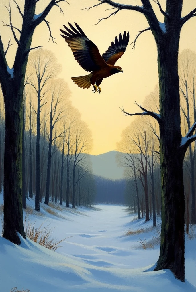 Silhouette of a mother Goshawk gliding through the air in a barren winter forest. Edward Hopper oil on canvas, 