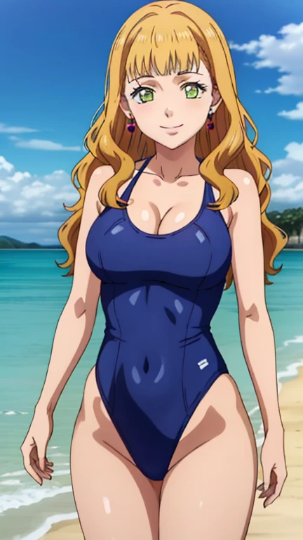 (  Masterpiece ,  best quality,  high definition , 8k:1.2), (anime coloring), Confused,  detailed face ,  beautiful face, (  beautiful eyes , Deep Eyes),  one girl, (( dynamic pose)), Mimosa, Green Eyes,  orange hair,  long hair, Alone,  watch viewers,  wavy hair, bangs, (gem,  earrings for a woman alone,  swimsuit,  beach , smile,  Bransing,  having fun ), ( cowboy shooting), 