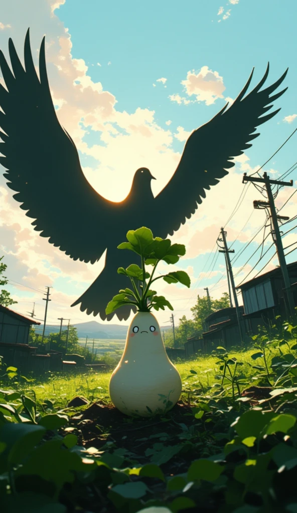 a small daikon on a farm being covered entirely by a giant flying bird's silhouette behind it. the bird in the sky covers the sunlight, causing everything in the foreground to be dark. the camera focuses on the daikon, with an extreme wide shot on the daikon to capture the silhouette of the bird. the daikon has a cute cartoony face, where it looks at the viewer, with a scared face. 