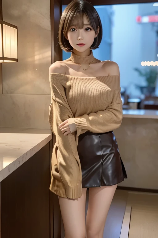 8K UHD, digital SLR camera, filmgrain, FUJI XT3,(best qualtiy:1.3), (tmasterpiece:1.1), A high resolution, cinematric light, Complicated details, (realisticlying), takeout, Beautiful outside, and the sun was shining brightly,
Korean girls,(In the café:1.5) , dimple, short detailed hair, looking at viewert, Detailed trees, ribbons, neck bowtie, exposed bare shoulders, ribbed sweater,
pencil skirts,high waist skirt,head rest,sitted,inside in room,choker necklace,black pantyhoses,Bed linen transport sweater,(ssmile),(full bodyesbian:1.6),Slender,