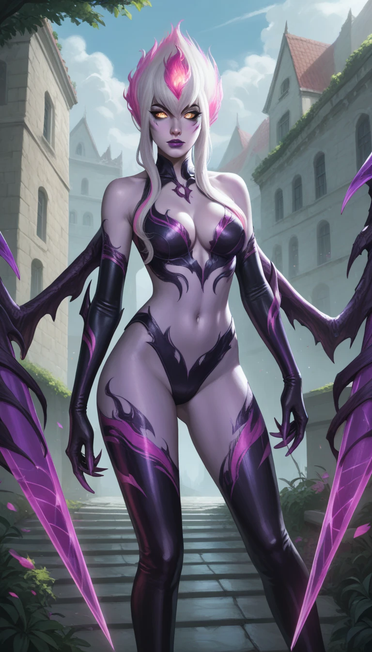 ((upper body)), EvelynnLoLXL, black slit pupils, facial mark, purple lips, yellow eyes, glowing eyes, white hair, colored hair, pink flame hair, long hair, hair between eyes, sidelocks, bangs, purple skin, colored skin, large breasts, bare shoulders, bodysuit, cleavage, navel, elbow gloves, purple claws, thighhighs, high heels, weapon wings, two weapon, solo, standing, looking at viewer, outdoor, day, sunny, ((upper body))