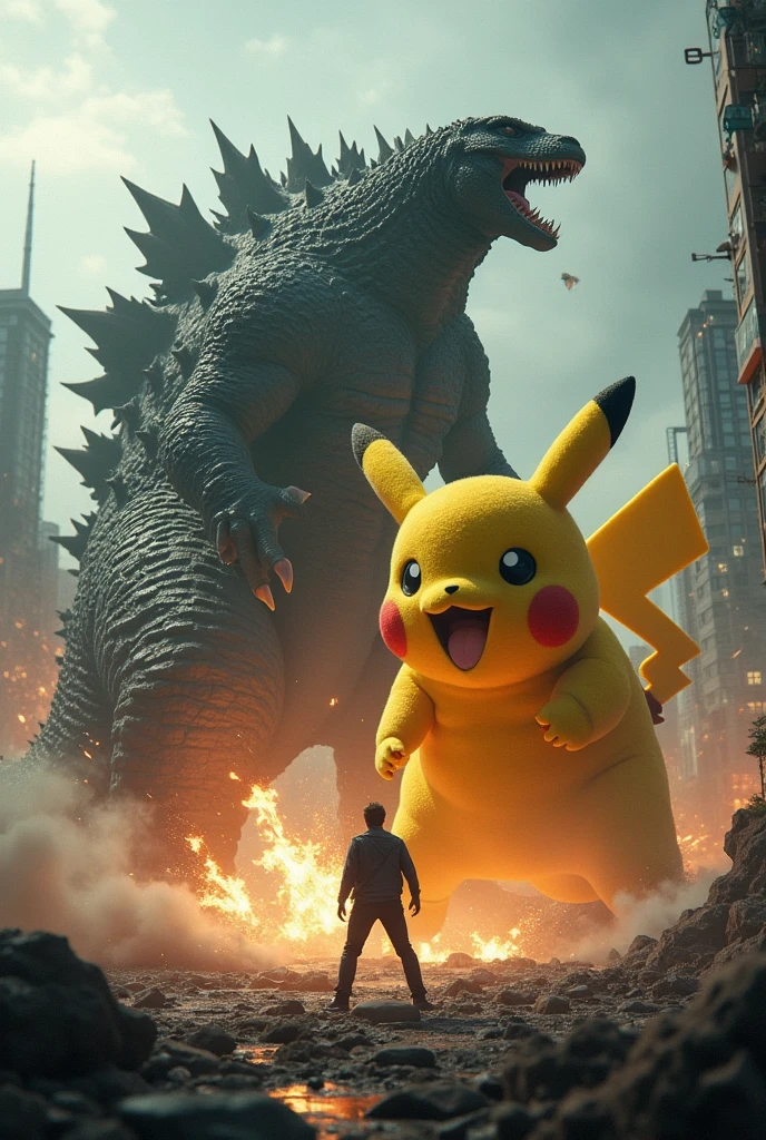 Godzilla fights with giant Pikachu