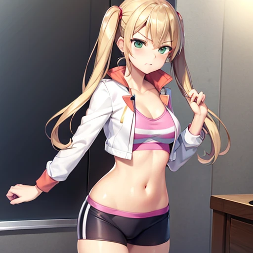 (masterpiece, best quality:1.2),(high resolution,ultra detailed,game cg), solo, mature,1 girl,blonde hair, low twintail,lafter frankland,white jacket, sports bra, bike shorts, thighhighs, standing,bike shorts pussy line,displeased face, blush,